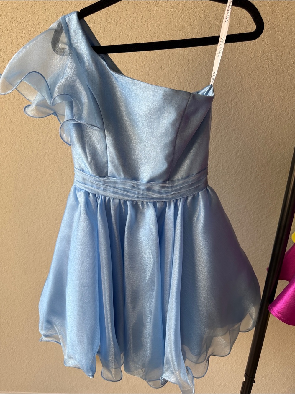 One-Shoulder Light Blue Satin & Organza Party Dress for Girls